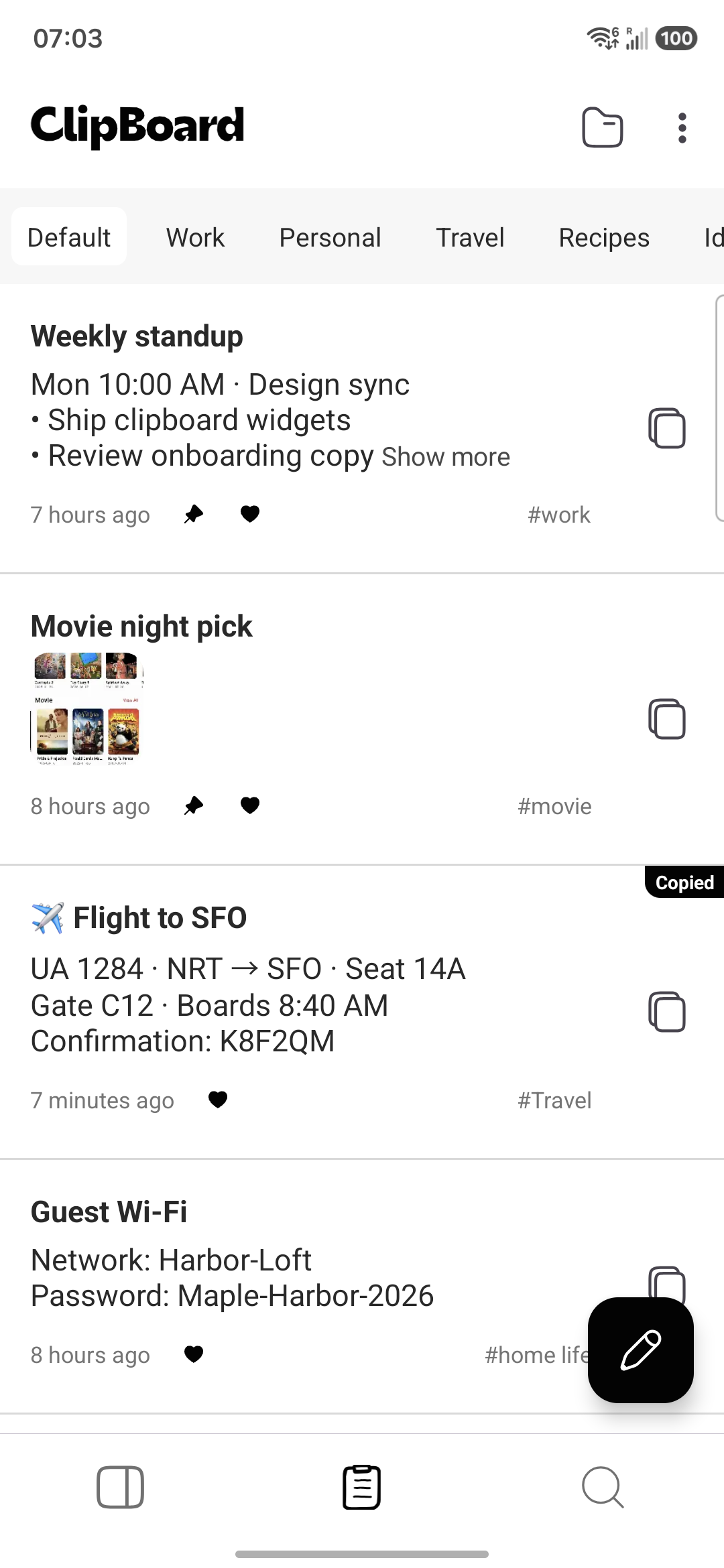 Clipboard app showing saved text and image clips with copy controls