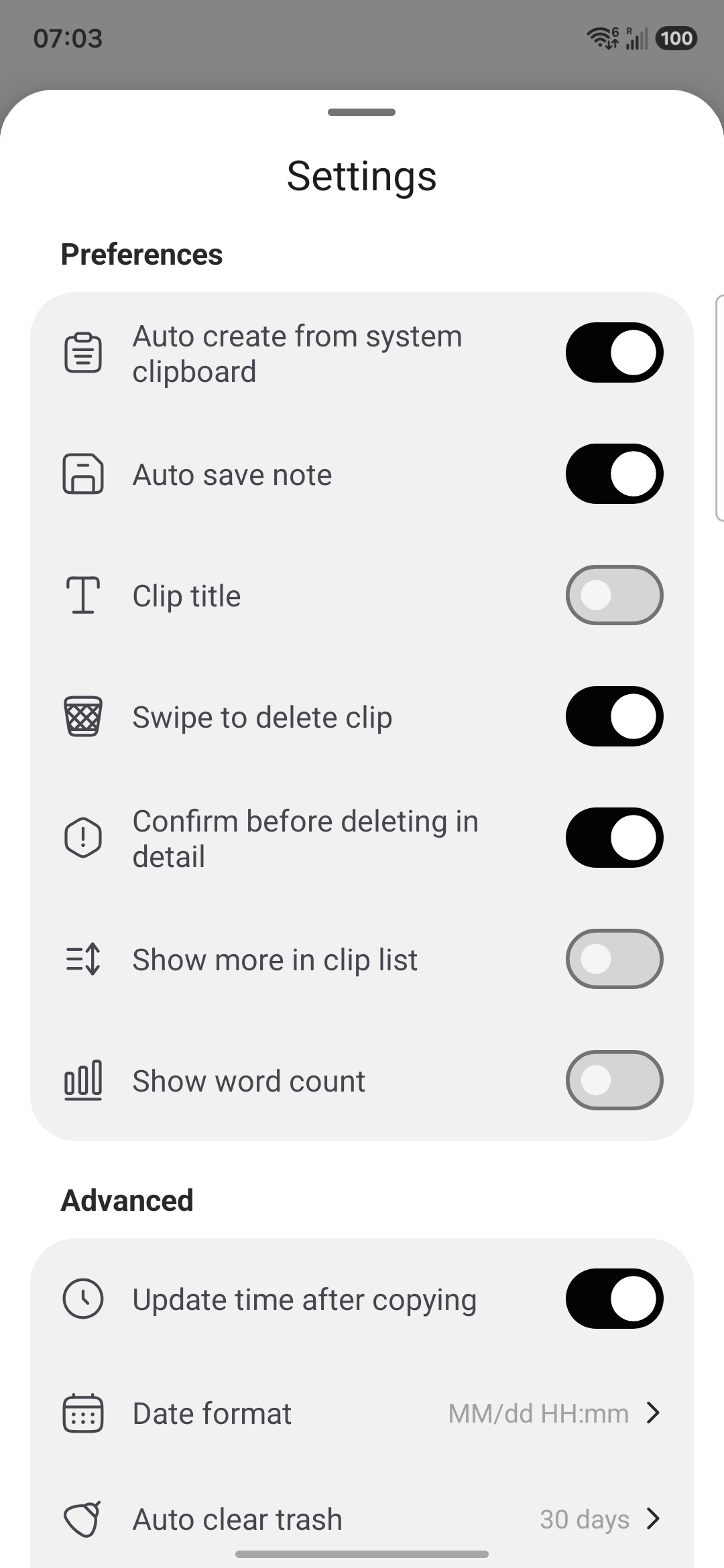 Clipboard Settings Preferences including Auto create from system clipboard and Auto save note labels